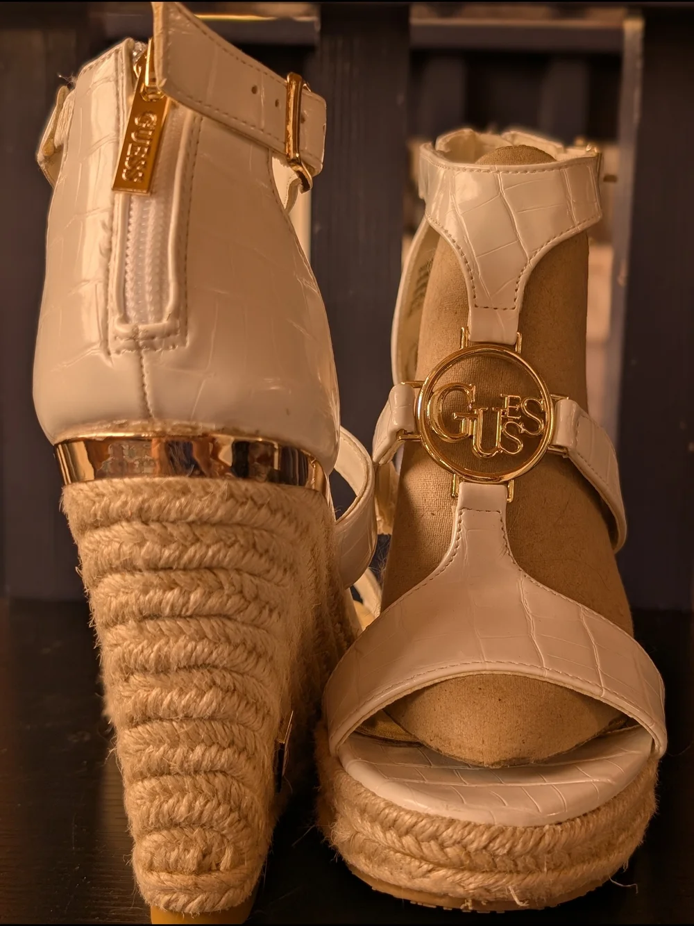 GUESS White Espadrille Wedge Sandals with Logo Accent
